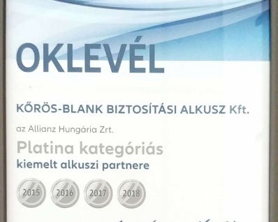 Allianz oklevél 2018 platina kategóriás