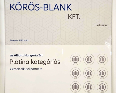 Allianz oklevél 2023 Platina kategóriás